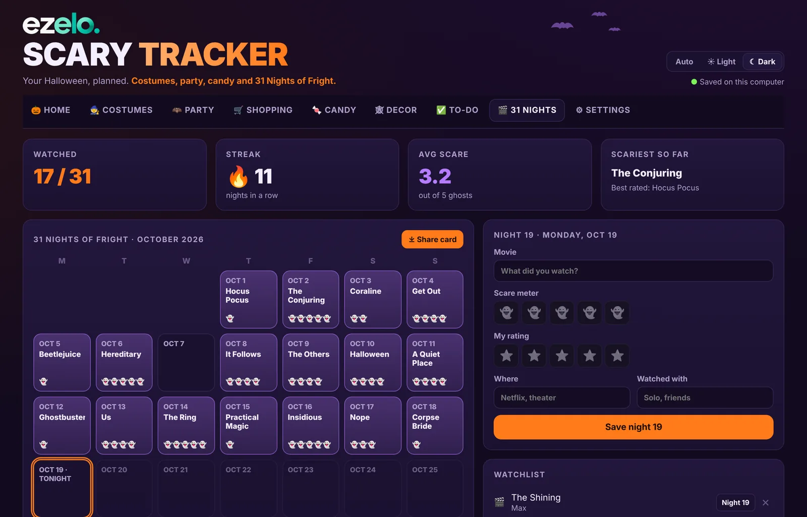 Ezelo Scary Tracker 31 Nights of Fright movie calendar